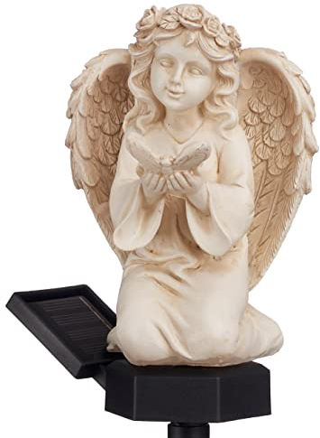 Bonetti Engel Figur mit Solar LED Licht, aus Kunststein gefertigt, inkl. Erdspieß, wetterfest, ideal zur Deko im Garten als Gartenstecker oder als Grabschmuck (kniend)