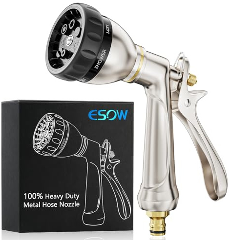 ESOW Garden Hose Nozzle HA-02, 100% Heavy Duty Metal, 8 Watering Patterns, Rear Trigger Design, Silver, High Pressure Sprayer for Plants, Car & Pet Washing