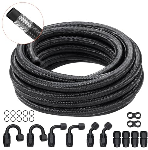 VEVOR CPE-6AN-20ft 6AN, 20 FT, 0.34 Nylon Stainless Steel Braided Fuel Line Oil/Gas/Diesel Hose End, 12 PCS Swivel Fitting Adapter Kit, Black