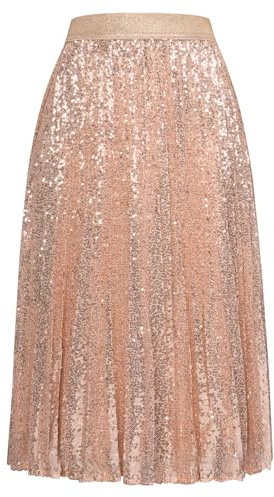 Grace Karin Damkjol, A-linje, glitter, paljettkjol med plissé, midi, elegant, festlig, veckad kjol, sommar, Aprikos, S