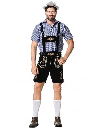Gefomuofe Pantalon traditionnel bavarois en cuir pour homme - Bretelles réglables - Broderie - Longueur genou - Pour la fête de la bière - Pantalon bavarois avec haut et chapeau, or, XXL
