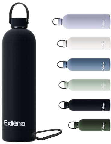 Exllena Gourde Isotherme 1l avec Poignée Pratique - Bouteille Isotherme avec 24 Heures de Conservation au 24h Froid/12h Chaud, Revêtement Anti-Dérapant - Étanche Sans BPA (Noire)