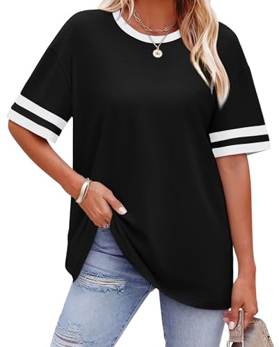 WIHOLL Oversized Tshirs for Women Plus Size Tops Black Short Sleeve Summer Tee Crew Neck Blouses Loose Fit Lady T Shirts for Leggings Spring Tops for Women 2026 XL