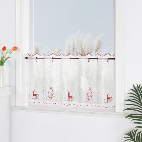 Yujiao Mao Weihnachtsgardine Scheibengardine mit Ösen mit festlichem Rentier- und Weihnachtsbaum-Motiv aus hochwertigem Polyester, ideal für Küche, Wohnzimmer und kleine Fensterk,rote HxB 60x120cm