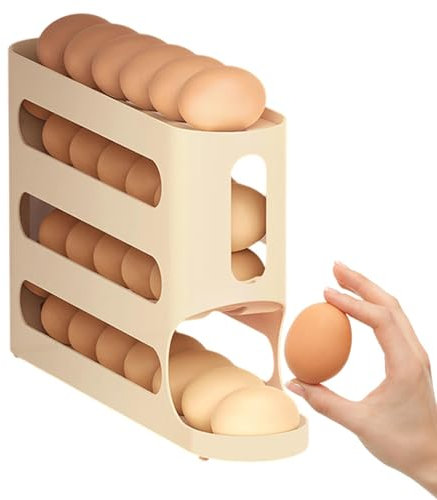 Caja de almacenamiento de huevos,Almacenamiento de huevos para refrigerador, Porta huevos con ruedas automático Rejilla para huevos de 4 capas, Dispensador de huevos de gran capacidad, organizador de