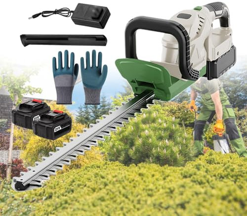 Cortasetos de 200 W, cortasetos manual, con batería y cargador, soporte de mango giratorio de 90 grados, con pantalla de potencia, recortadora de plantas, con un par de guantes, 2 baterías