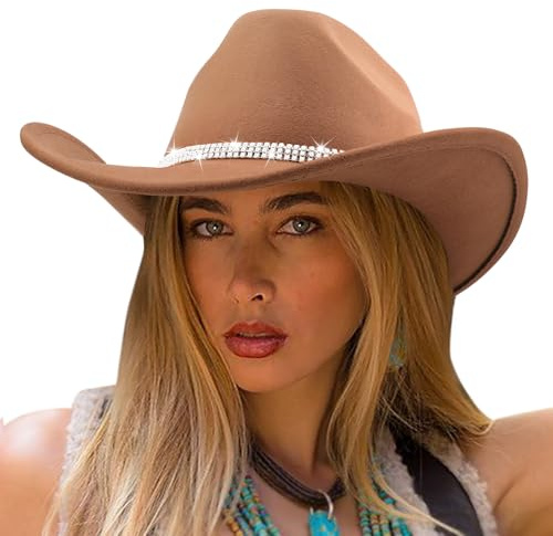 DRESHOW Cappello da Cowgirl Donna Classico con Scintillante Cintura di Strass Cappelli da Cowboy Occidentale
