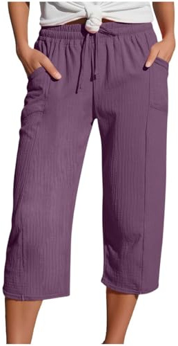 Yolimok Womens Cropped Trousers Elasticated High Waist Relax Fit Cotton Linen Ladies 3/4 Length Straight Wide Leg Trousers Casual Everyday Soft Lightweight Plain Three Quarter Pants