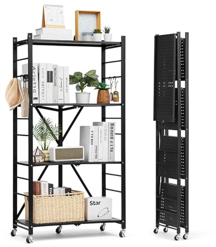 VEVOR 4 Etagen, Klappbare Regale mit Rädern, 33x71x137 cm, Faltbares Schwerlastregal, montagefreies Standregal, Haushaltsregal, Küchenregal, Metallregal für Garage, Küche, Keller, schwarz