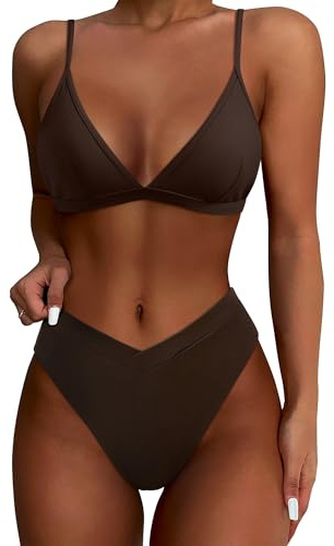 SUUKSESS Women Triangle High Cut Bikini Sets Sexy High Waisted Color Block Two Piece Swimsuits Push Up Bathing Suits(Dark Brown,M)