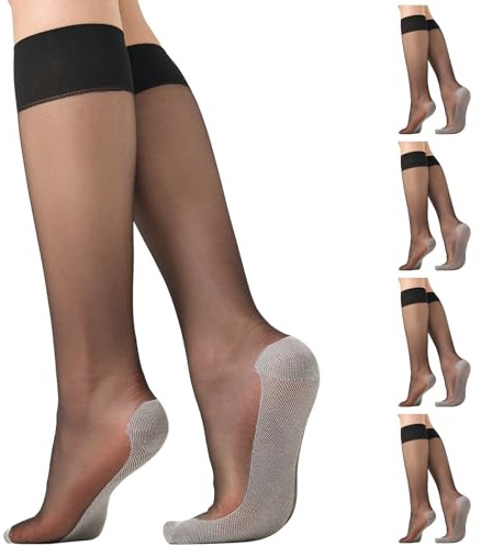 Aaronano 4 Pairs Knee High Stockings for Women Anti-Slip Cotton Sole Nylons Sheer Socks with Wide Calf(Balck)