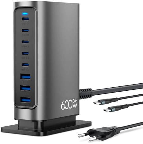Cargador USB, 600 W, 8 puertos, estación de carga USB, 140 W, USB C, cargador múltiple para iPhone 16, 15, 14, 13, Galaxy S22, S24, MacBook Air, Dell XPS, tabletas