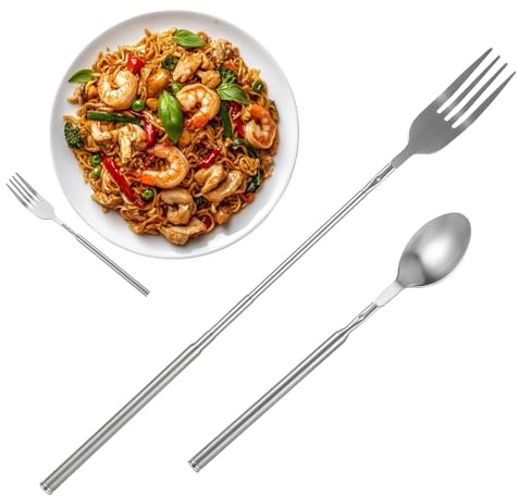 Sibba 2-delat rostfritt stål matgafflar 65 cm lång utdragbar med rund kant högglanspolerad utdragbar inklusive tesked för fruktsallad kök och restaurang