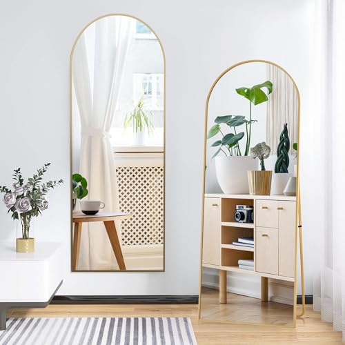 Henunem Helkroppsspegel, 164 x 54 cm, välvd stående spegel i full längd, väggspegel med aluminiumlegeringsram och brottsäkert glas, golvspegel för vardagsrum, omklädningsrum, guldfärgad