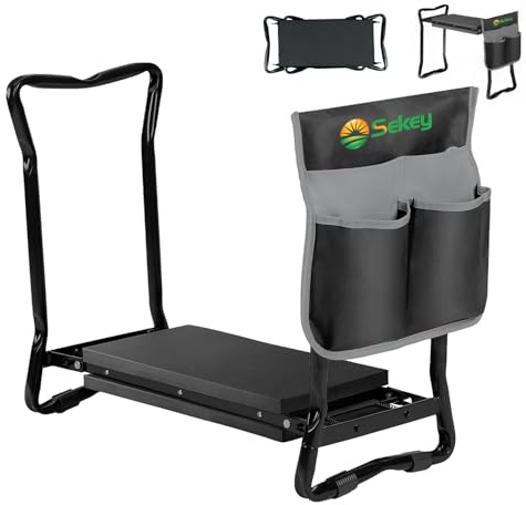 Sekey Panca regolabile in altezza per giardinaggio, portata 160 kg, sgabello da giardino pieghevole con tasche per attrezzi, aiuto per il giardinaggio, 60 x 50 x 28 cm, nero (standard)