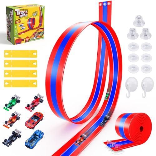 16.4Ft Flexible Race Track for Kids, 3-Lane Bendable Car Track Toy Set with Suction Cup Bases & 1/64th Cars, DIY Adjustable Flex Track, Indoor Outdoor Race Track Set for Boys Girls Ages 3+