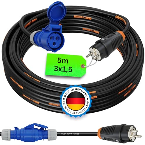 CEE Campingkabel Adapter Kabel Stromadapter Camping Schuko-Vollgummi-Stecker auf CEE Kupplung für Wohnwagen Wohnmobil TITANEX H07RN-F 3G1,5mm² 16A 230V 5m