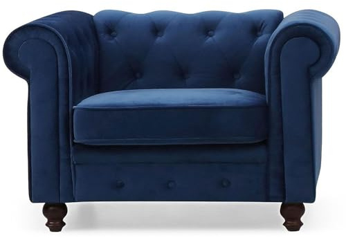 Menzzo Fauteuil Chesterfield en Velours Bleu - Siège capitonné Chic et Confortable, Design Luxe pour Salon, Bureau ou Chambre