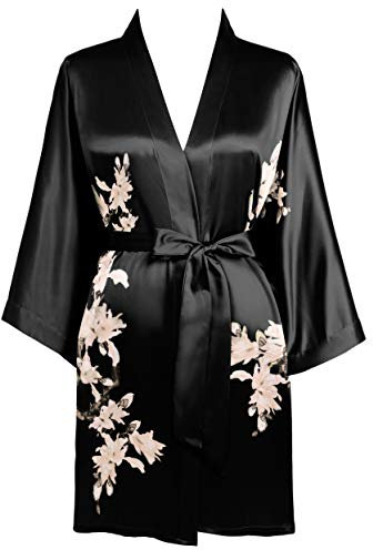 BABEYOND Damen Morgenmantel Blumen Gedruckt Sommer Bademantel Kimono Kurz Robe Leicht Schlafmantel Damen Satin Strandkleid (Schwarz)