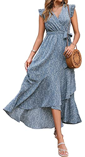 BTFBM Womens Boho Maxi Dress 2026 Summer Floral Vacation Ruffle Sleeve V Neck Wrap Spring Beach Wedding Guest Dresses(Floral Blue, Large)