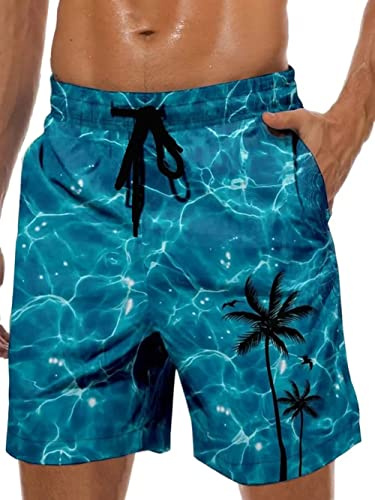 Lzzidou Men's Swim Trunks 9 Inch Inseam Bathing Suit Hawaiian Swimsuits Mesh Lining Beach Shorts with Pockets, Lake Blue Palm Tree, M