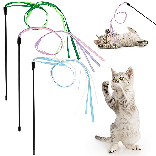 Amaxiu Lot de 3 Jouets interactifs en Forme de Baguette Arc en Ciel pour Chat d'intérieur Charmeur de Ruban coloré pour Chatons Teaser Entraînement Accessoires de Jeu