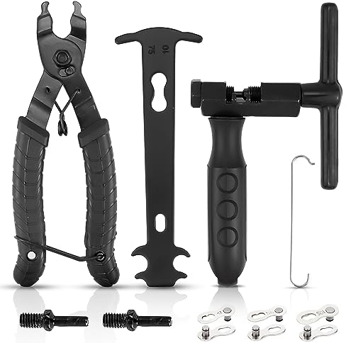 FAELNK Kettennieter Fahrrad Set für 5 bis 12-Fach und Singlespeed Kettennietdrücker Fahrradkette Werkzeug Set Fahrrad Ketten-Zange | Kettenlehre | 3 Paar Fahrradkette Schwarz