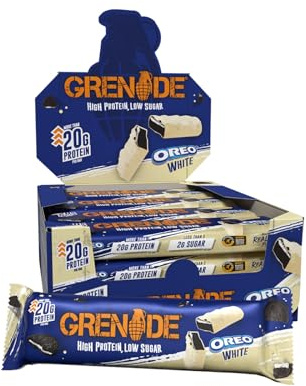 Grenade OREO White High Protein, Low Sugar Bars, 12 x 60 g – 21 g Protein per Snack Bar with Crunchy OREO Pieces & White Chocolate Coating
