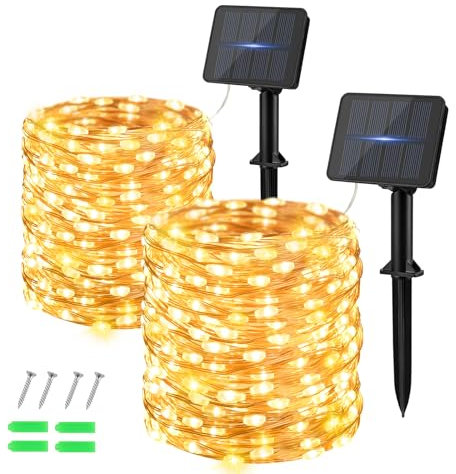 Dalugo [2 Pack] Solar Fairy Lights Outdoor, 120 LED 12M/40Ft 8 Modes Solar Outdoor Lights Waterproof, Copper Wire String Lights for Garden Patio Yard Party Christmas (Warm White)