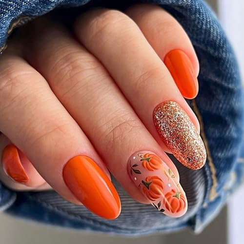Ceboic False Nails Almond Medium, Oval French Tip Press on Nails Cute Pumpkin Pattern Fake Nails, Orange Glossy Full Cover Glue on Nail Artificial Stick on Nails for Women Nail Art Decorations