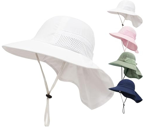 YANWANG Sombrero de Sol de Verano para bebés, protección UPF 50+ Ajustable Sombreros de Playa de ala Ancha para niños, niñas y niños (S:6-24 Meses,Blanco)