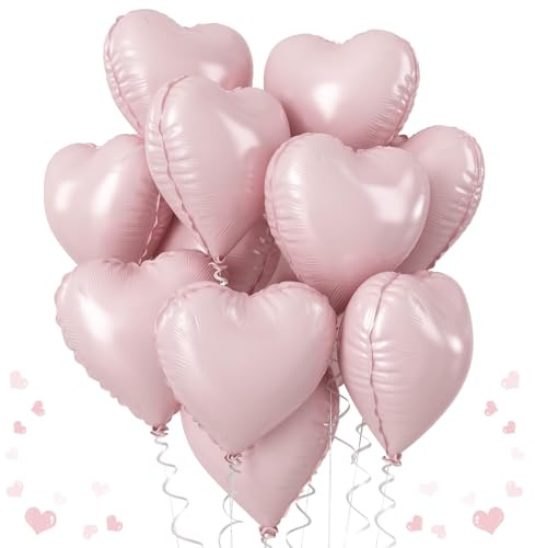 Baby Pink Heart Balloons, 18 Inch, 12Pcs Large Pearl Mylar, Pastel Helium Foil for Boho Girls Women Birthday Wedding Baby Shower Valentines