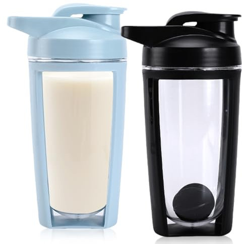 2 Stück Protein Shaker, 600ml Blender Bottle mit Mixball, Doppelschicht Sports Shaker-Flasche mit Skala, Shake-Becher BPA Frei Auslaufsicherer für Eiweiß Diät und Fitness Shakes (Schwarz&Blau)