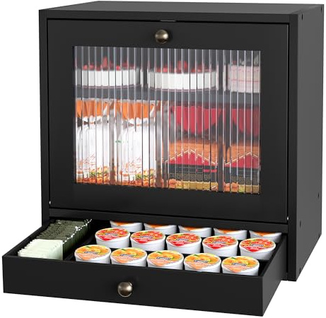 Alpeir Panera para encimera de cocina, contenedor grande de almacenamiento de pan de esquina, contenedor de madera de 3 niveles, estante de despensa de granja con ventana acrílica, color negro
