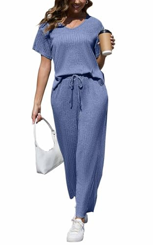 CheChury Tuta Donna in Maglia Maniche Corta Completo Sportiva con Pantaloni Estiva Maglioni Comode Scollo V e Pantalone con Tasche Set Pigiama Abbigliamento Corta Set Pigiama Abbigliamento