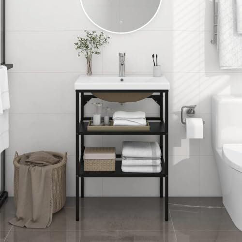 WKIEQACO Cabinets & Storage,Vanity Units,Bathroom Vanity Units,Bathroom Washbasin Frame with Built-in Basin Black Iron