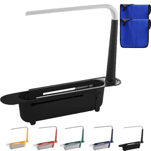 Onwddarefy - Scaffale portaoggetti per lavello, telescopico aggiornato, regolabile, organizer per lavello da cucina con gancio per asciugamani, supporto multifunzionale per asciugare lo scarico (nero)