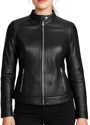 Leatherick Chaqueta Premium de Piel de Cordero Negra Lisa con Diseño Texturizado Grabado a Láser para Mujer con Cierre de Cremallera Frontal (FR/ES, Letras, XL, Regular, Regular, Negro (Liso))