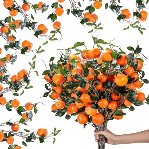 Daifunli 10 Pcs Artificial Tangerine Branches 37 Inch Realistic Faux Oranges Fruit with Green Leaves Simulation Orange Branch Decorative Kumquat Tangerine for Vase Home Party Decoration (7 Oranges)