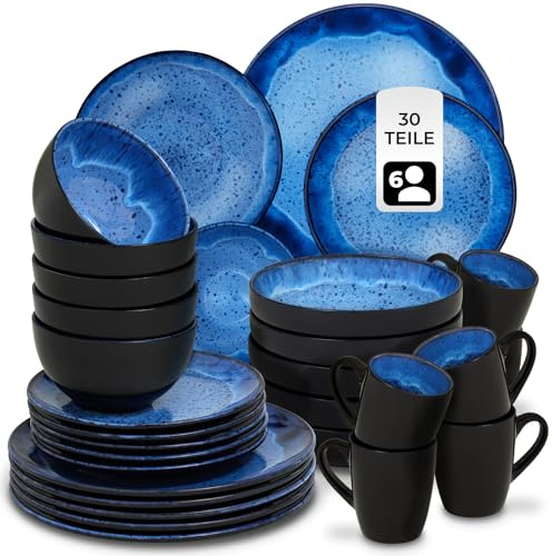 tectake® Set stoviglie 30 pezzi terracotta, servizio piatti 6 persone, set piatti moderni grandi, piccoli, fondi, ciotole, tazze, gres smaltato, design moderno, lavastoviglie microonde - Blu
