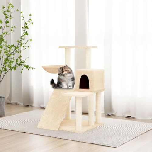 Tiragraffi con colonna in sisal crema, 82 cm, torre per gatti con casa amaca scaletta piattaforme morbido peluche istinto graffio arrampicata relax