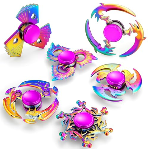 SCIONE Fidget Spinner Metal Premium, Pack de 6 Juguetes de Dedo Anti-estrés Profesional, Efecto Multicolor, Rotación Fluida 2-3 Min, Gadget de Oficina para Adulto y Niño