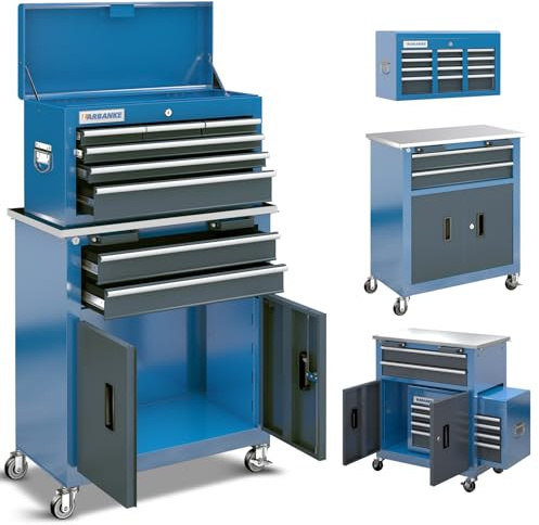 LARBANKE Carrello da officina con 8 cassetti, ruote girevoli a 360°, piedini ammortizzanti e sistema di bloccaggio, piano di lavoro in acciaio inox, espandibile come tavolo da lavoro, per garage, blu