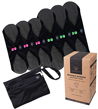FLOATING LOTUS Reusable Sanitary Pads (6pk Medium & Large: Medium to Heavy Period Flow) Black Washable Bamboo Menstrual Towels Panty Liners inc Waterproof Bag