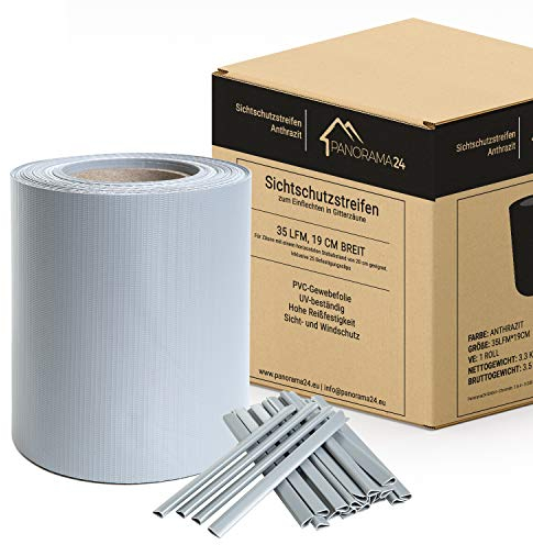 Panorama24 PVC Sichtschutzstreifen Grau RAL7040, 70 Meter x 19 cm inkl. Befestigungsclips, Doppelstabmatten Gartenzaun Zaunfolie blickdicht