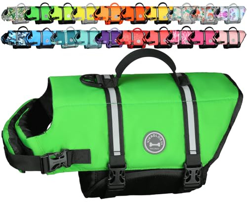 VIVAGLORY Chaleco Salvavidas Ripstop para Perros Pequeños, Medianos y Grandes, Chaleco de Natación para Perros con Mayor Flotabilidad y Visibilidad, Verde Brillante