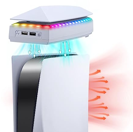 Mcbazel RGB Ventilador de Enfriamiento Superior para PS5 CFI-1016 y 1116AB, Accesorios de Refrigeración Ajustable 3 Velocidades Cubierta Antipolvo para PlayStation 5 -Blanco(No para PS5 Slim/Pro)