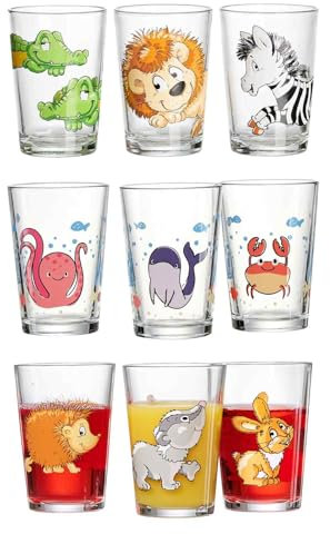 Ritzenhoff & Breker Kinderbecher mit Motiven, 9er Set, 205 ml, Spülmaschinengeeignete Kindergläser, Unterwasserwelt/Happy Zoo/Waldtiere, Bunte Tiermotive