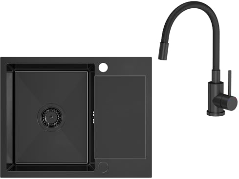 VBChome Edelstahlspüle mit Armatur 60 x 48 cm Schwarz Edelstahl Einbauspüle mit Zwei Löcher Spüle Groß Becken Küchenspüle mit Abtropffläche Siphon Küchenarmature