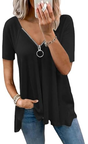 ABYOVRT Chemisier Femme À Manches Courtes Été Col V Coton T-Shirts Fermeture Éclair Femme Ample Tops Tunique Femme Couleur Unie Élégant Décontracté Confortable Tee Shirt Haut,Noir,S
